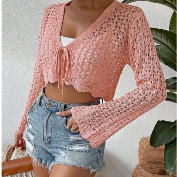 Pink Boho Crochet Knit Tie Front Cardigan Sweater Scallop Trim Cropped Top Small - Picture 1 of 16